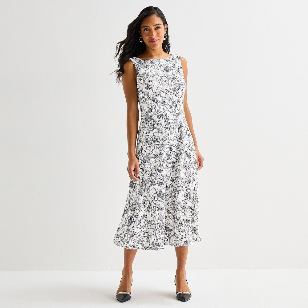 MSRP $99 Marc New York Womens 4 Ivory Black Floral Sleeveless Midi Dress Round